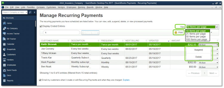 QuickBooks recurring payment feature