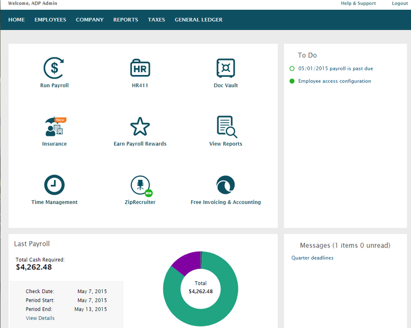 ADP payroll dashboard with options to run payroll, view reports, invoice, and more.