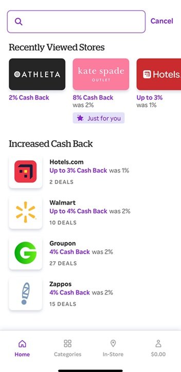 Rakuten app home screen