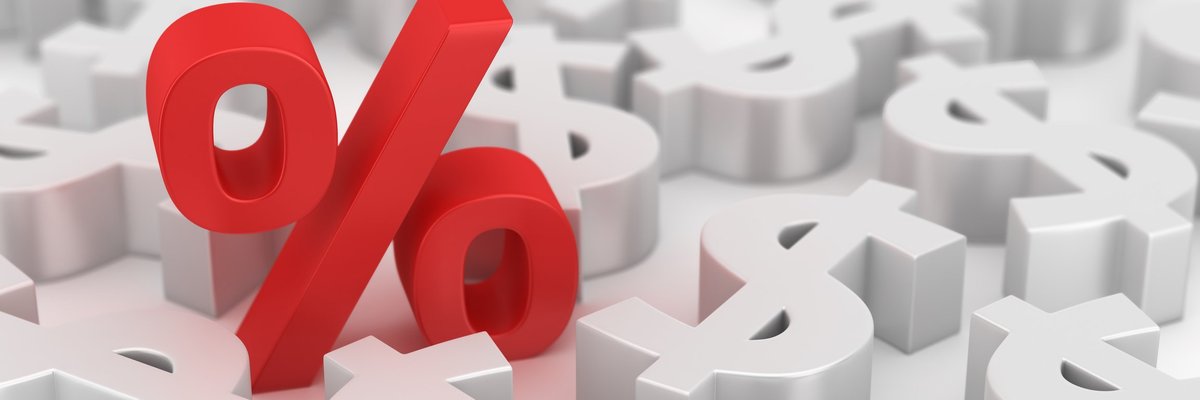 Red percent sign amid white dollar signs