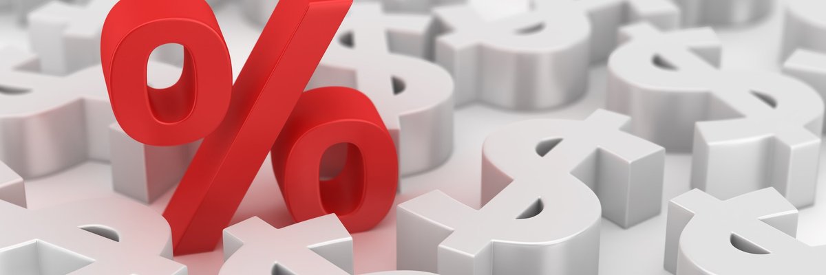 Red percent sign amid white dollar signs
