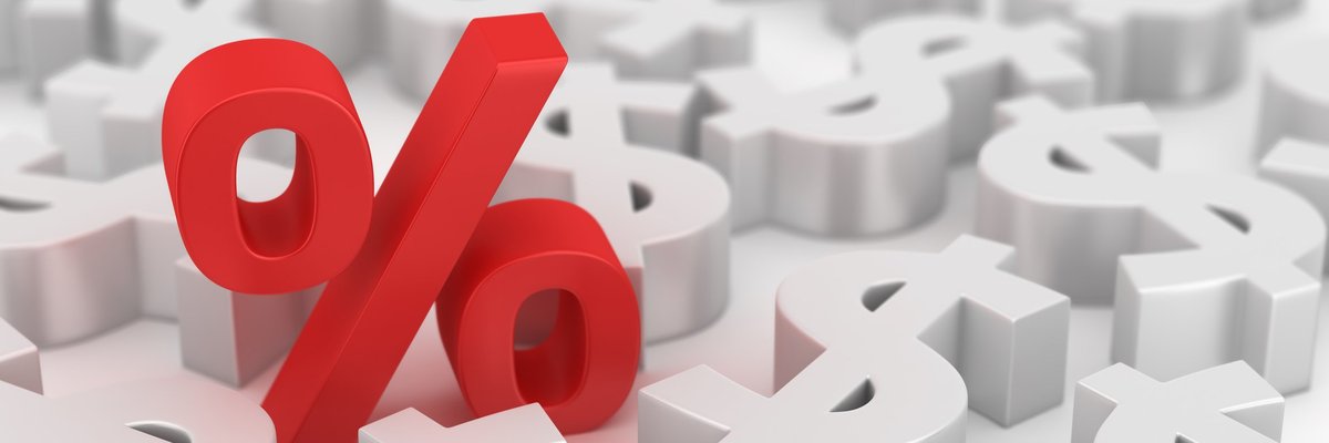 Red percent sign amid white dollar signs