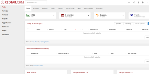 A screenshot of the Redtail CRM dashboard.