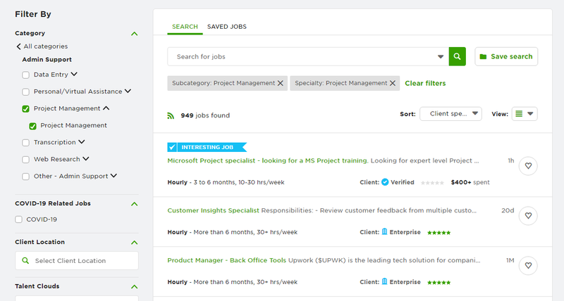 A job search results page showing project management sites.