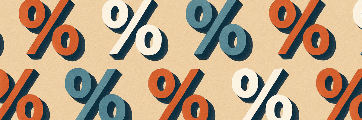 Repeating percentage signs in red, blue and white on a beige background.