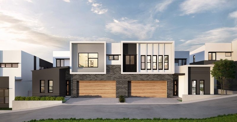 A 3D rendering of a modern two-story house in an upscale neighborhood.