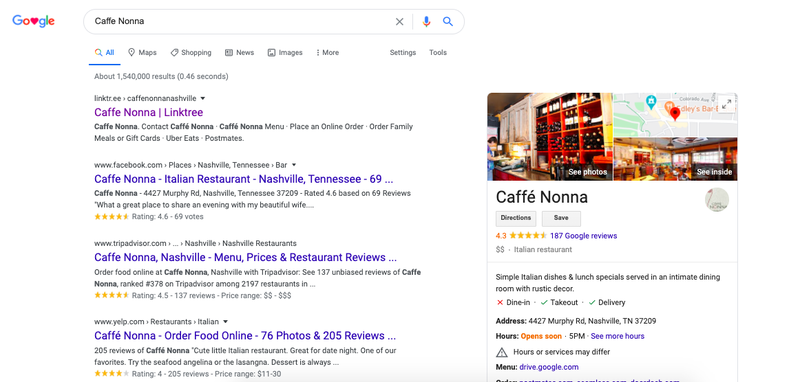 Google search for Caffe Nonna