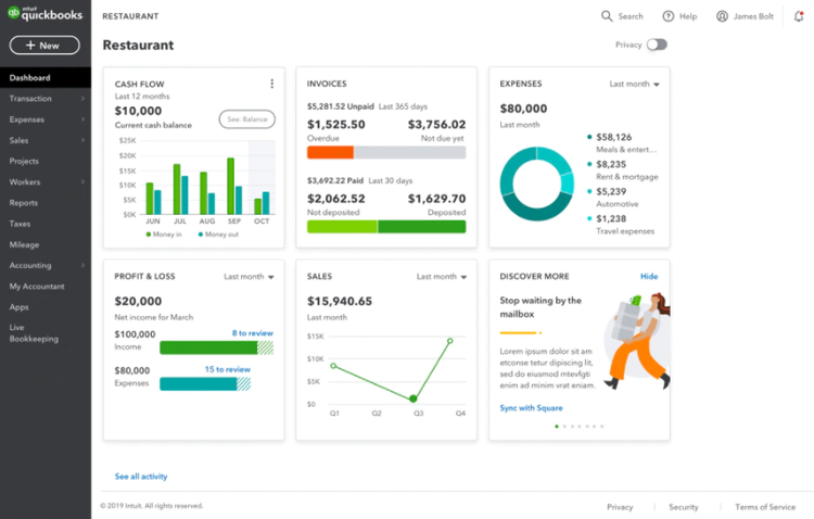 The QuickBooks restaurant accounting dashboard.