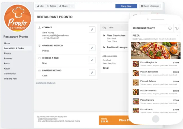 An example of a Facebook business page integrated with GloriaFood ordering software.