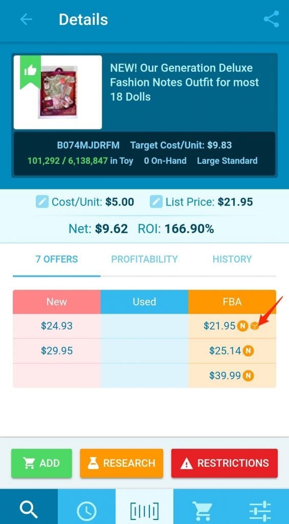 The retail arbitrage app Scoutify displaying price and resale information for a particular item.
