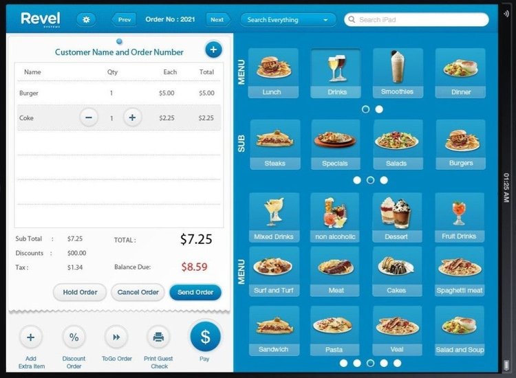 The order interface builds orders on the left from menu options on the right.