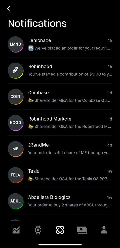 Screenshot of notifications within the Robinhood app.