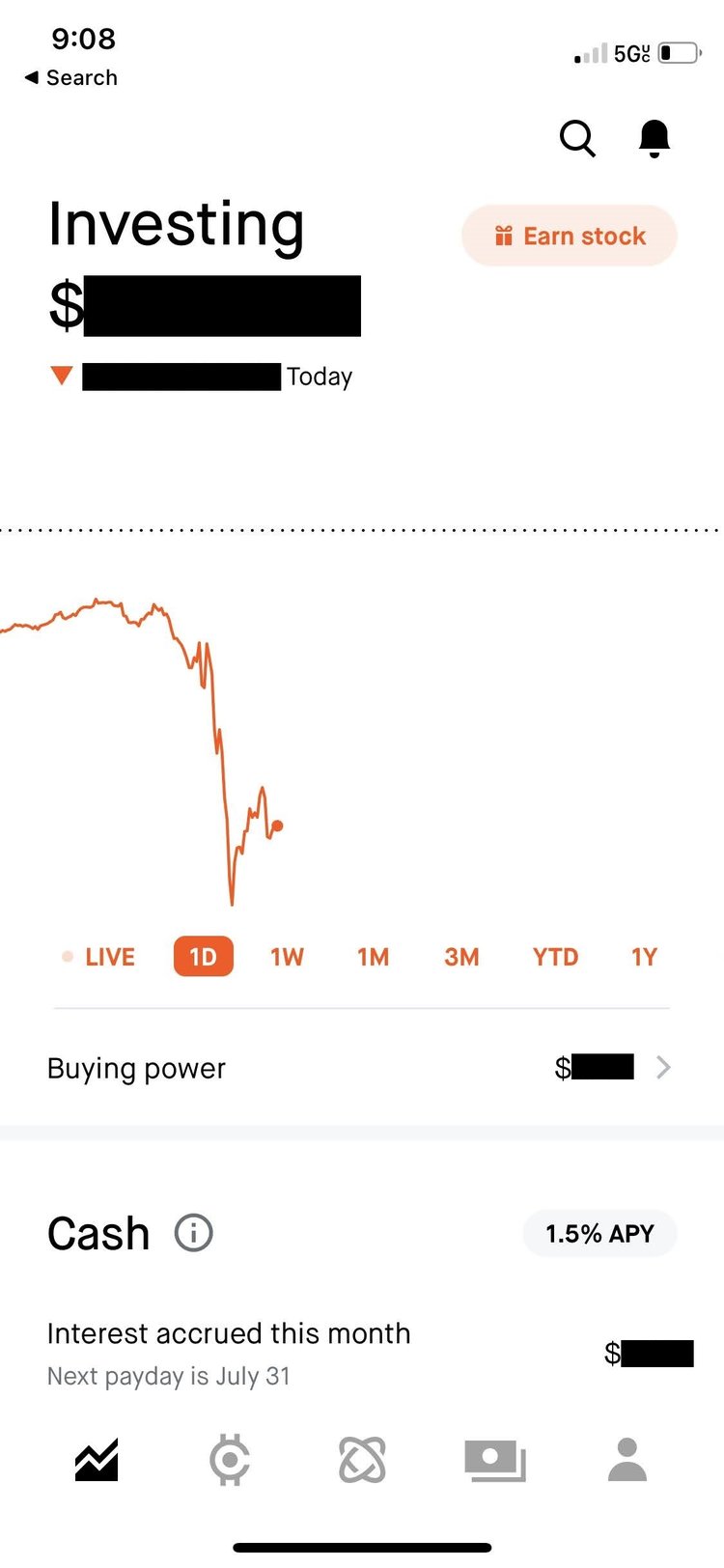 A screenshot of the Robinhood app home screen.
