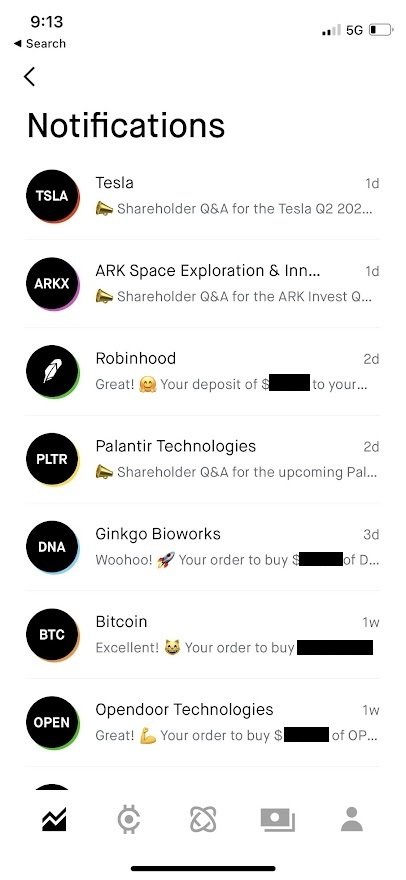 A screenshot of the Robinhood app notifications screen.
