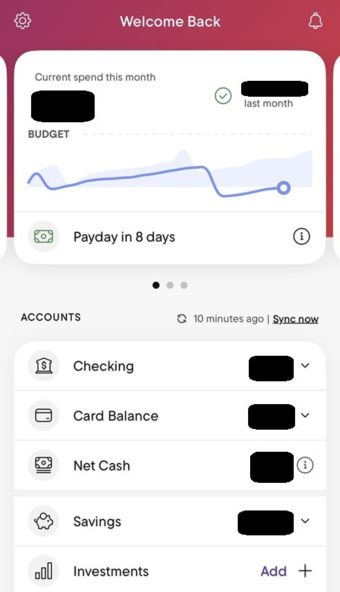 Rocket Money app screenshot showing current spending and account balances.