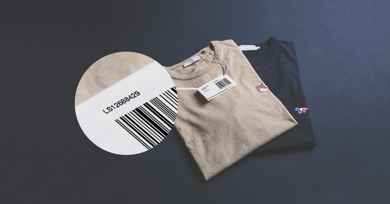 An SKU number on a barcode tag for a t-shirt.