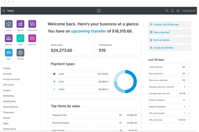 A screenshot of Square’s dashboard, including apps and other business insights.