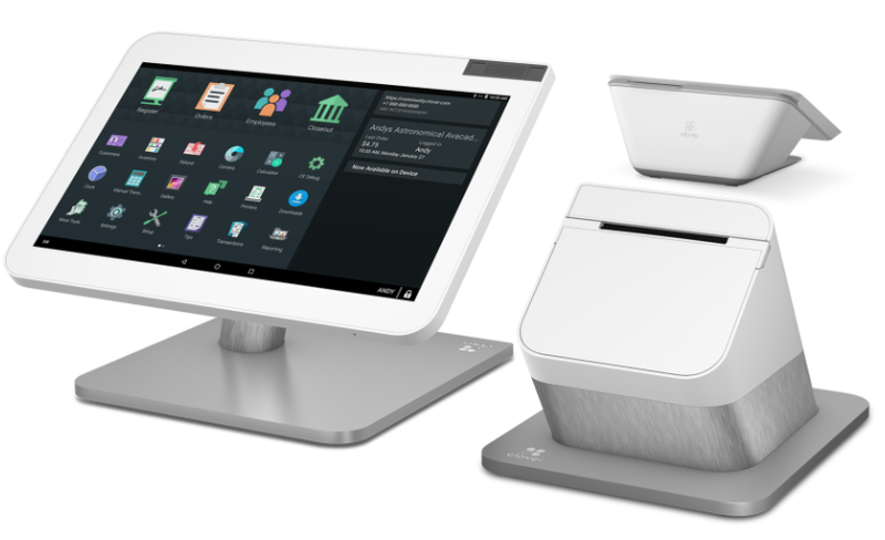Clover's top-tier POS hardware package includes a mounted touch-screen register, card reader, and customer terminal.