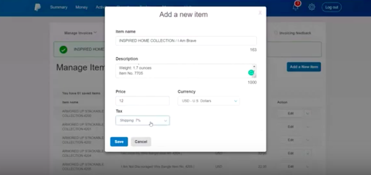 Screenshot of Paypal Here add new item screen