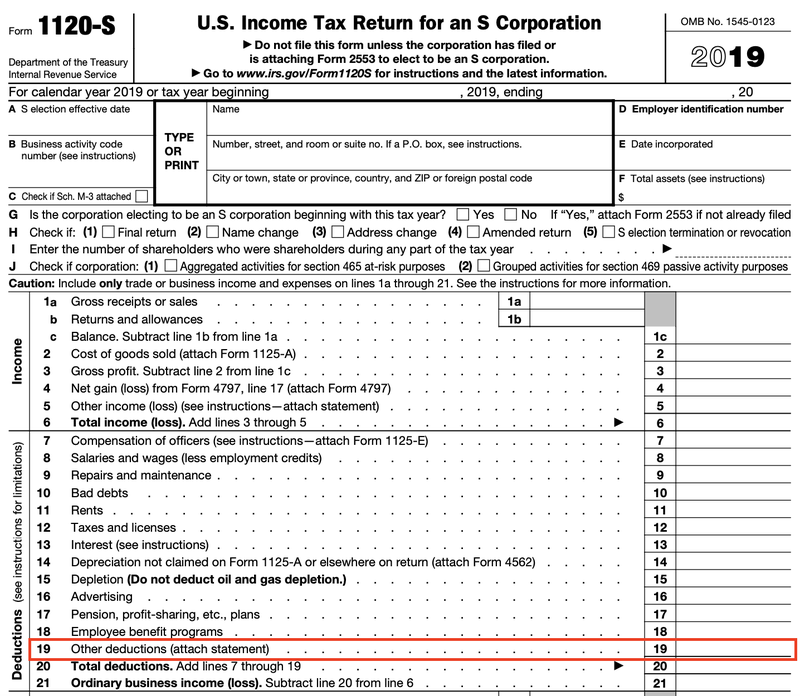 IRS Form 1120-S showing line 19, for “Other deductions,” boxed in red.