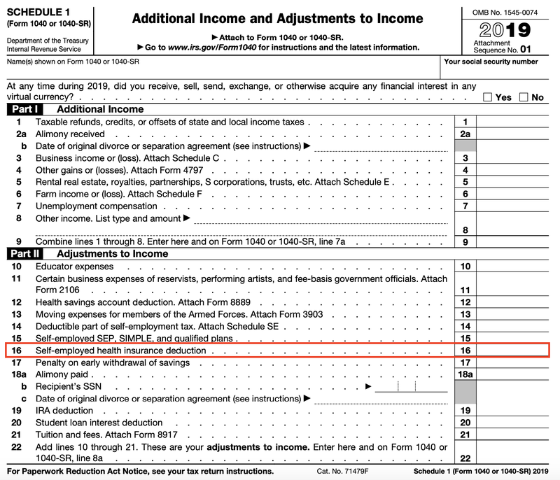 Form 1040 Schedule 1 with line 16, for “Self-employed health insurance deduction,” boxed in red.