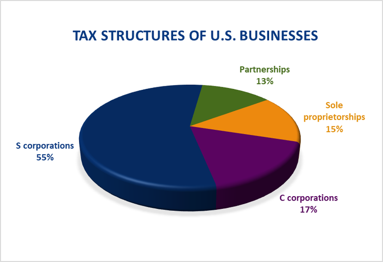 Pie chart of business tax structure types, with 55% S corps.