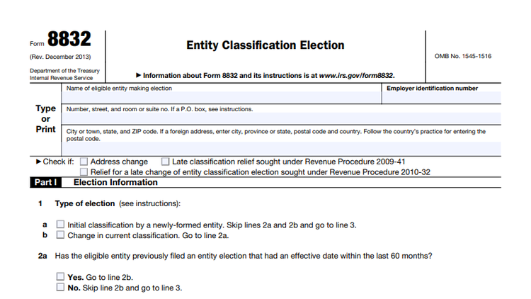 IRS Form 8832, Entity Classification Election.