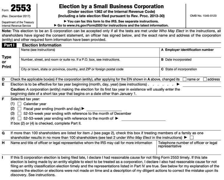 A screenshot of Form 2553, Election by a Small Business Corporation.