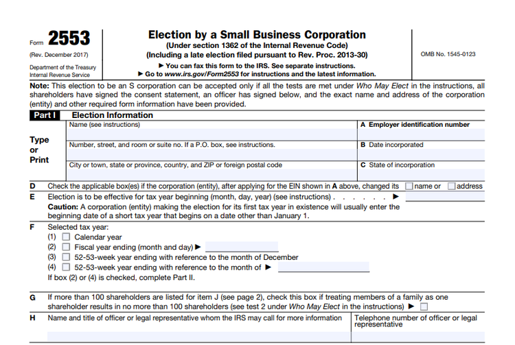 Screenshot of IRS Form 2553, Election by a Small Business Corporation