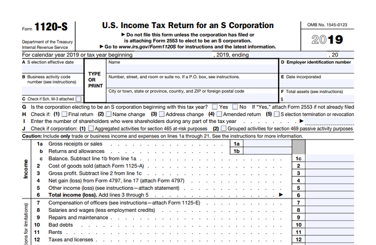 Screenshot of IRS Form 1120-S, Income Tax Return for an S Corporation