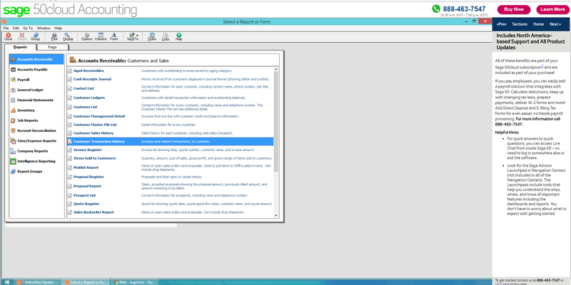 Sage 50cloud screen showing a list of reports and forms the software can calculate.