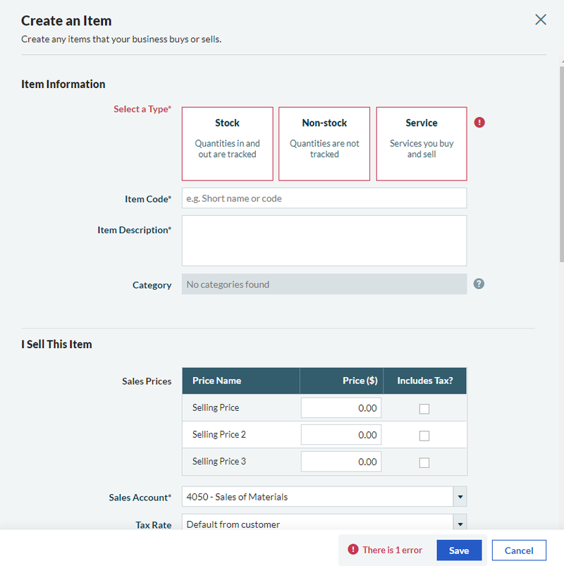 Sage Business Accounting screen to create an item with fields to select information such as item type, item code, description, category, price, etc.