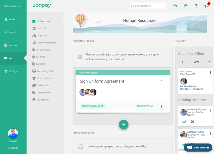 OnPay's HR suite dashboard for payroll.