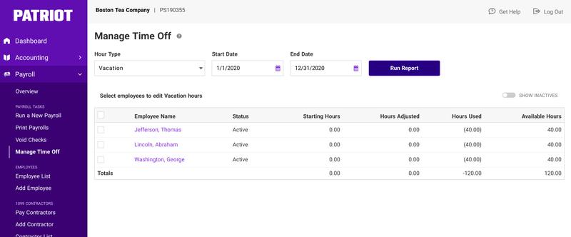 Patriot's dashboard to track PTO for payroll.