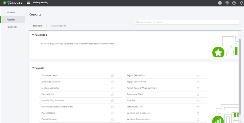 The reports section on QuickBooks Payroll.