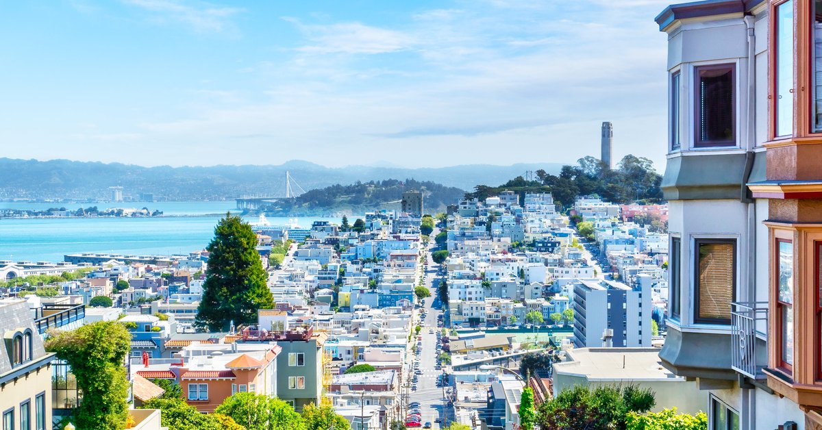 San Francisco apartments overlooking the hills and the Bay on a sunny day.