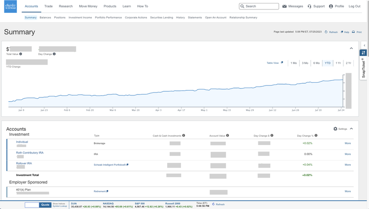 A screenshot of the Charles Schwab desktop platform.