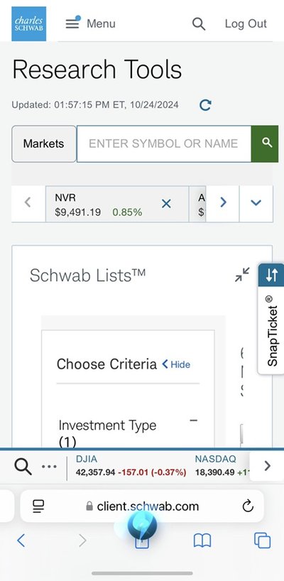 Schwab finding investments screenshot