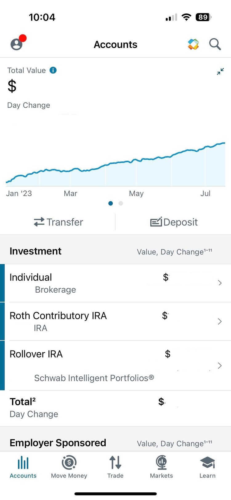 A screenshot of the Charles Schwab app home screen