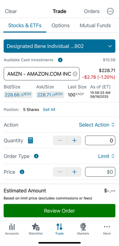 Schwab review order in-app screenshot.