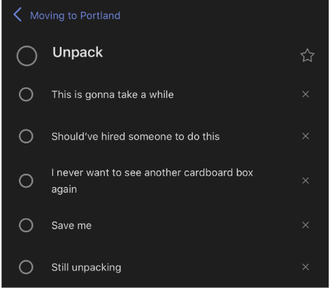 Microsoft To Do list with 6 items, none of which are crossed off, detailing tasks to do to unpack after a move