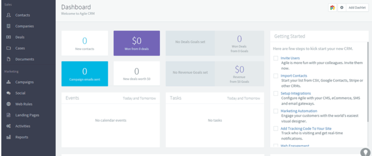 Agile CRM's dashboard with navigation on the lefthand side and tiles to represent data for contacts, deals, revenue, events, and tasks.