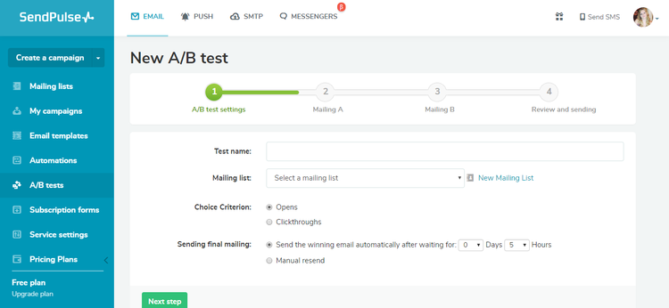 SendPulse A/B test dashboard with empty fields, including test name, mailing list, and criteria