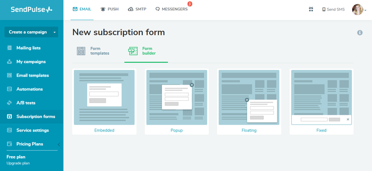 SendPulse subscription form with options to select forms such as embedded, popup, floating, or fixed