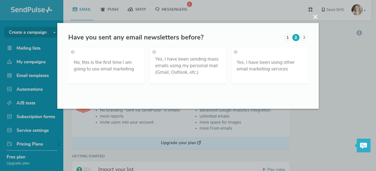 SendPulse dashboard giving user 3 options to select from to give experience sending email newsletters