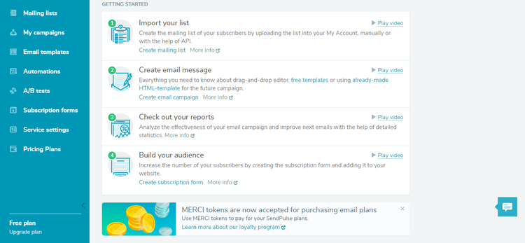 SendPulse getting started screen with 4 steps to get a user to build their email list