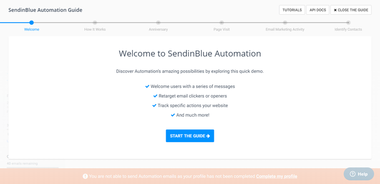 Sendinblue guide l'utilisateur tout au long du processus de configuration de l'automatisation des e-mails