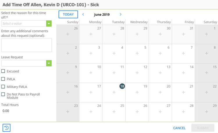 SentricHR page to request time off showing a calendar and fields to select reason and add comments.