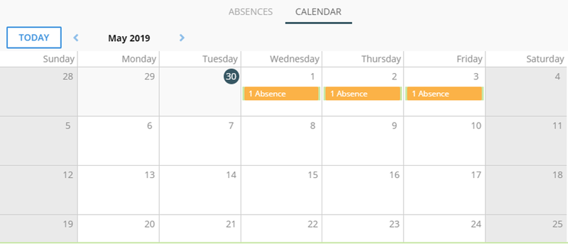 Screenshot of SentricHR’s absence tracking page in calendar view.