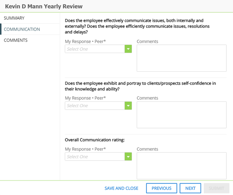 SentricHR performance review functionality with ability to give feedback and comments.
